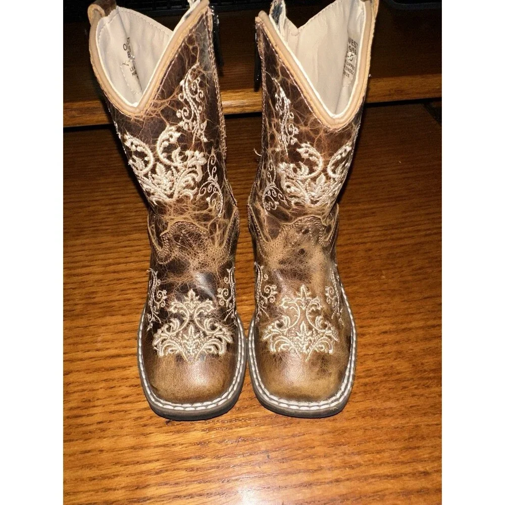 Old West Western Boots Baby Girl Zip Leather Heavy Stitch Burnt Tan BSI1958 LkNw